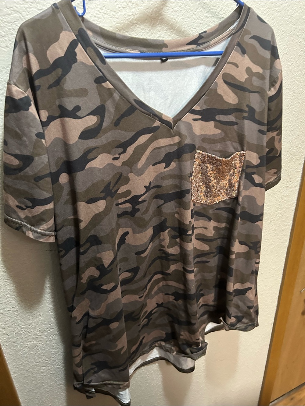 Camo V-Neck Top with Sequin Pocket